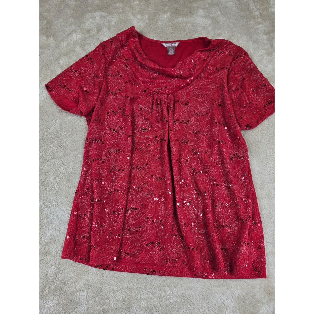 White Stag Womens Red Paisley Sequined Cowl Neck Short Sleeve‎ Top L 12/14